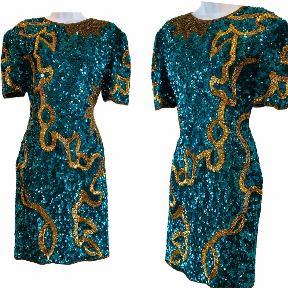 Stunning Fully Sequin & Beaded Teal & Gold Silk Dress By Lawrence Kazar Size M